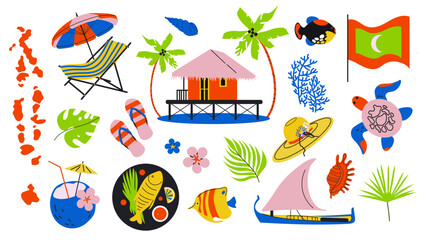 Travel to Maldives sticker set. Doodle elements Turtle, map of Maldives, Maldivian food, water house, boat, fish. Vector Illustration.