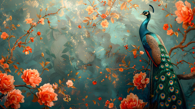 Artistic background with abstract illustrations and floral elements. Vintage illustration, flowers, branches, peacocks, gold. 3D, textured background, painting. Wallpaper, posters, cards, murals