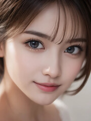 Obraz premium Japanese woman with long hair smiling kindly in a photo studio. Generative AI