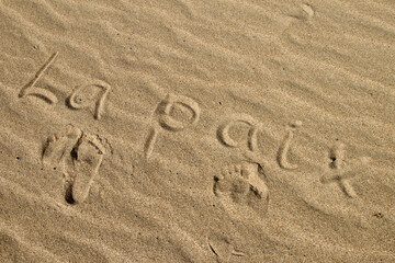 The word PEACE in French. The beautiful word peace is written on the sandy coast. Conceptual inscription on shiny sand and a beautiful seascape background. A word drawn on the beach.