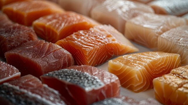 Detailed shot of various fish steaks, each displaying distinctive characteristics suitable for different culinary techniques, isolated for clarity