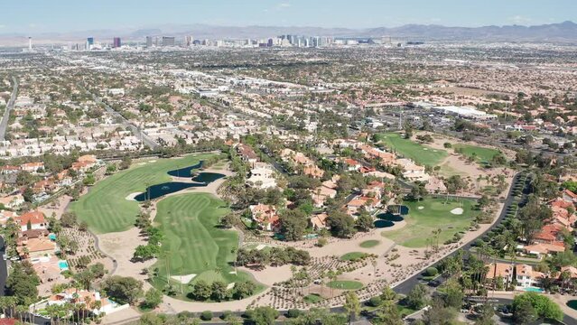 Aerial shot of Las Vegas Summerlin luxury mansions, golf course, homes 07