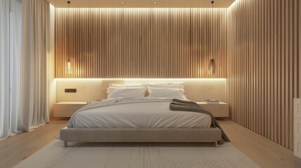 Modern bedroom with warm lighting and wooden accents