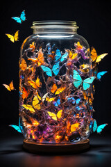 Glowing multicolored butterflies in a jar on a dark background