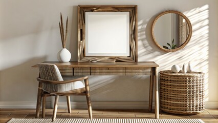Wooden frame mockup on wall above wicker chair and wooden desk with mirror, natural light, front view. 
