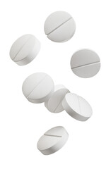 Falling Pills isolated on white background, clipping path, full depth of field