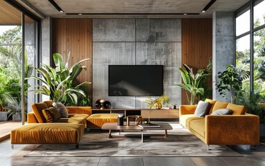 Obraz premium Modern living room with lush greenery and vibrant sofas