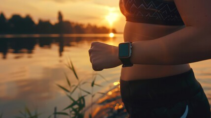 Close up of woman in sportswear using smartwatch outdoors, closeup on hand with fitness watch near lake at sunset. Female runner checking time after run while standing in the style of river. - Powered by Adobe