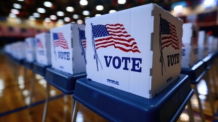 close up of small ballot boxes with American flag lined up for people to cast their votes. The background shows part of an American school gymnasium .