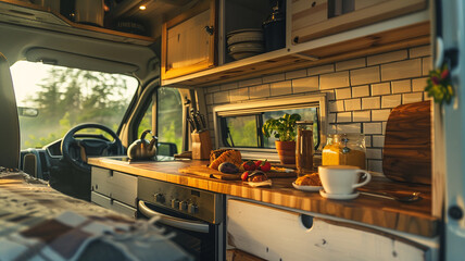 Soft morning hues filtering into a camper van kitchen, creating a serene atmosphere for starting the day with a leisurely breakfast and a fresh cup of coffee