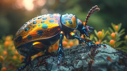 Behold the surreal charm of a close-up shot of a metallic-hued beetle, its reflective exoskeleton...