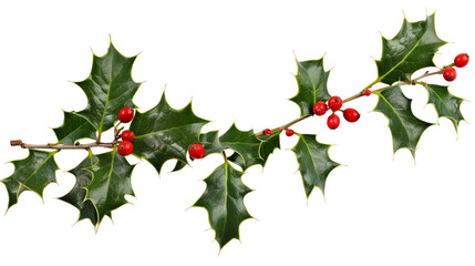 european holly sprig with red berries isolated on white background