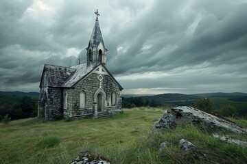 Fototapeta na wymiar The Abandoned Catholic Church Perched on a Hill