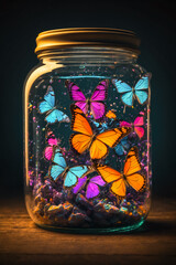 Glowing multicolored butterflies in a jar on a dark background