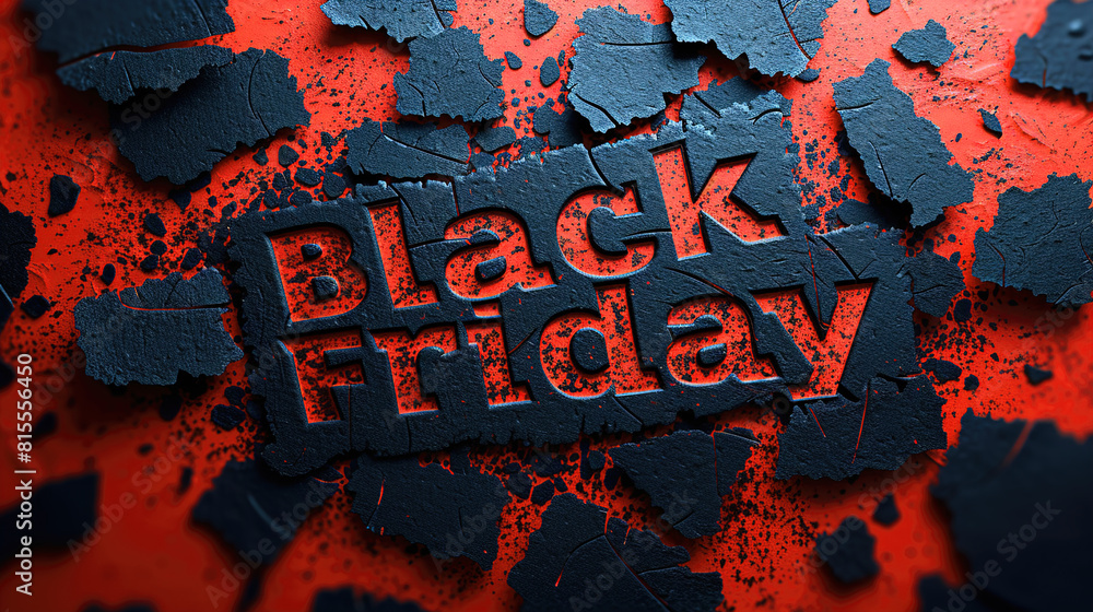 Fototapete capture a top view of black torn paper and the text black friday against a red background