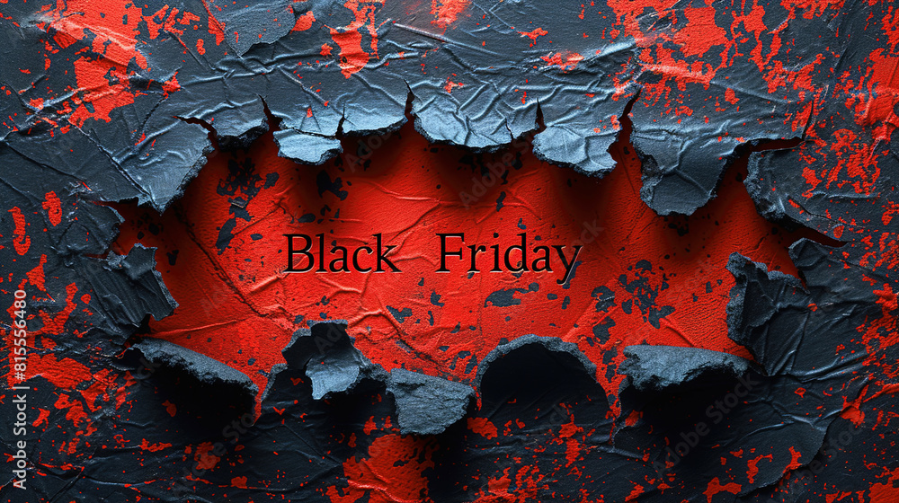 Fototapete capture a top view of black torn paper and the text black friday against a red background