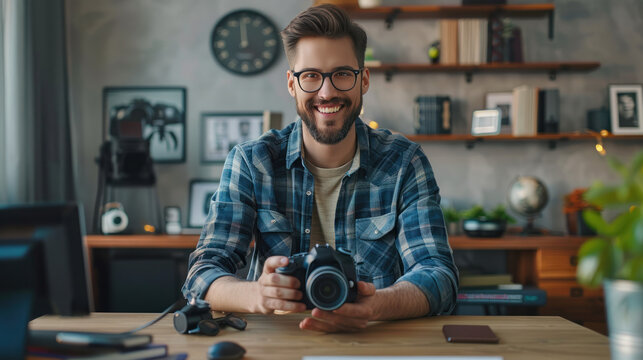 Portrait of happy smiling young man photographer sitting at a desk and holding a camera in a modern office studio.
