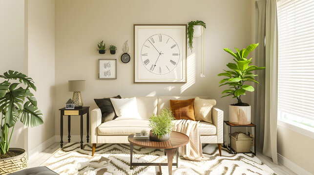 Modern living room interior with mock up poster frame brown sofa wooden coffee table patterned rug round clock plants beige ccurtain desk and personal accessories Home decor Template : Generative AI