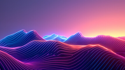 Abstract background with colorful lines in the style of vector illustrations, blue and purple gradient, red sky at sunset, 3D landscape with undulating waves, futuristic design, high resolution, neon  - Powered by Adobe