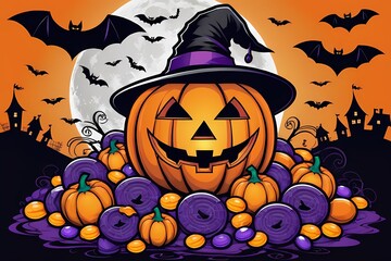 Halloween background with pumpkin and bats illustration