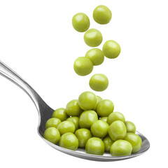 Delicious green peas falling into metal spoon, cut out