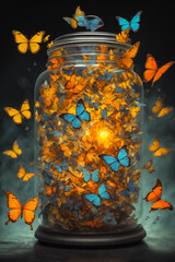 Glowing multicolored butterflies in a jar on a dark background