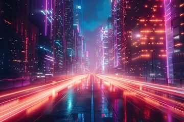 An image of a night city in a neon glow with skyscrapers and a road. Generated by artificial intelligence