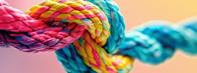 A colorful rope knot made of different colors, symbolizing unity and strength in team work or social groups.