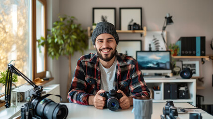 Portrait of happy smiling young man photographer sitting at a desk and holding a camera in a modern office studio.