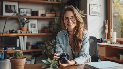 Portrait of happy smiling female photographer sitting at a desk and holding a camera in a modern office studio.