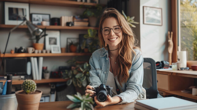 Portrait of happy smiling female photographer sitting at a desk and holding a camera in a modern office studio.