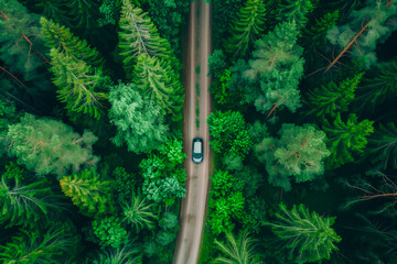 Aerial view of a car driving through a lush green forest on a narrow road, isolated.