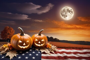 Halloween pumpkins on American flag background