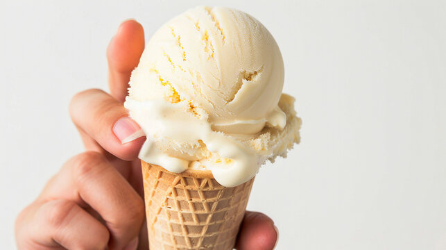 Helado de cono con bola de nata dulce para postre de verano sujetado por una mano.