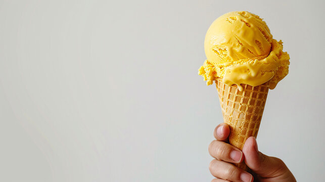 Primer plano de helado de cono con bola amarilla sujetado por una mano con fondo neutro. Postre dulce de helado para verano