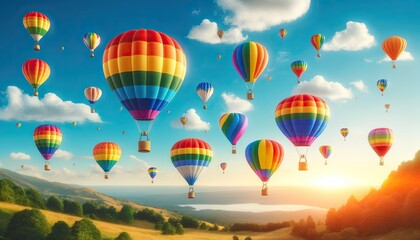 Fototapeta premium Rainbow Pride Hot Air Balloons Soar Above Scenic Landscape
