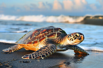 Green sea turtle on beach at sunrise
