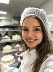 An engaging snapshot of a professional baker in her element, dressed in white scrubs and hairnet, capturing a playful selfie with a delicious cake pond in the kitchen. This image perfectly portrays th