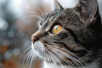 A close-up image featuring a domestic cat's face with a focus on its intense yellow eyes
