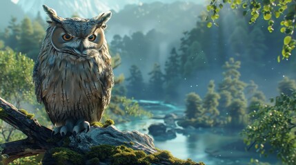 An owl is sitting on a branch in the forest