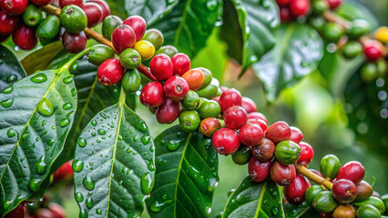 Fresh Coffee Berries on a Coffee Plant, a coffee tree plant covered in water droplets.