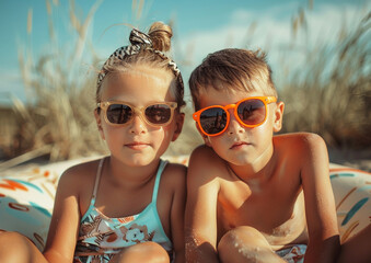 little boy and girl having fun at beach, summer vacation concept