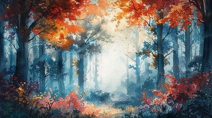 An ethereal watercolor painting of a vibrant autumn forest