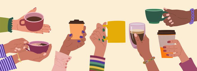 coffee, hand, holding, woman, set, girl, cup, holds, cappuccino, latte, morning, drink, beverage, breakfast, take, hot, illustration, flat, vector, isolated, background, cartoon, female, finger, espre