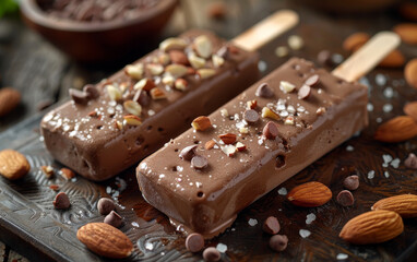 Chocolate ice cream with nuts on stick