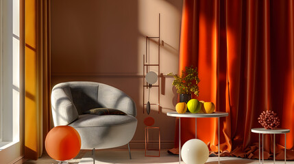 Warm and cozy living room interior with colorful ornament on wall round table gray armchair modern rack chair orange curtain brown wall fruit and personal accessories Home decor Templa : Generative AI