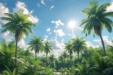Fototapeta premium Palm Tree Forest in Tropical Paradise: Lush greenery with clear blue skies