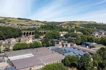 Aerial photo of the historic Yorkshire town of Huddersfield in the UK, showing the residential...