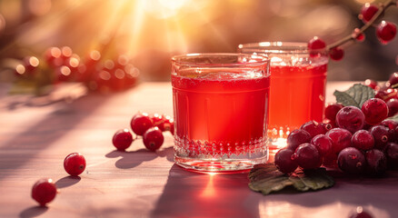 Glasses of fresh red currant juice on wooden table in the garden