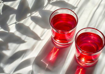 Two glasses of red drink on white table
